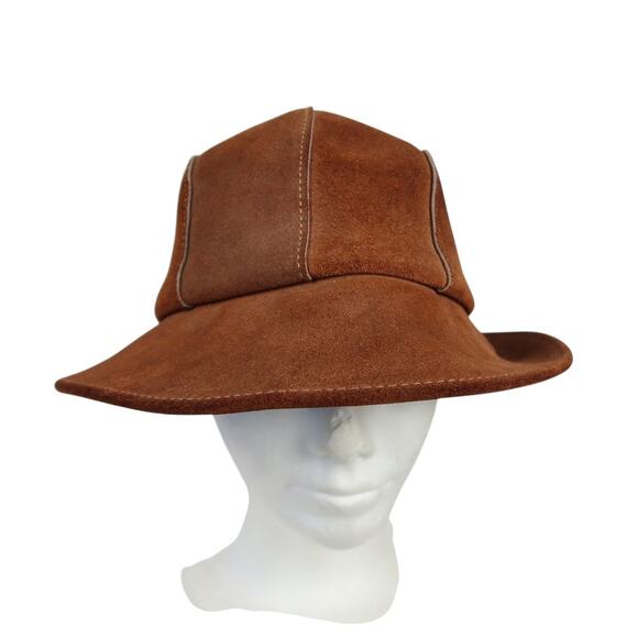 Vintage 70s Brown Suede Leather Cloche Bucket Hat - Picture 3 of 7